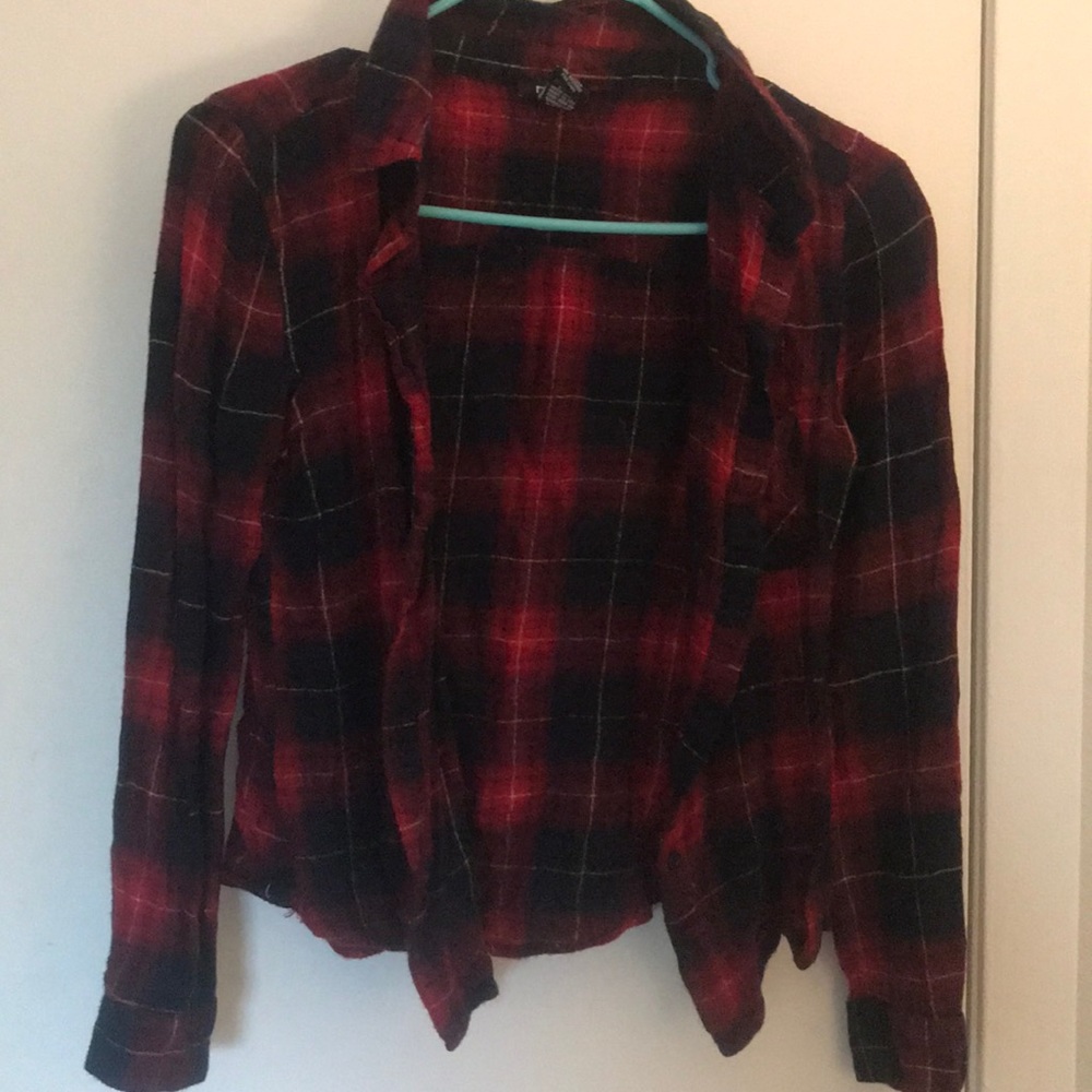 Navy blue and red plaid button up
